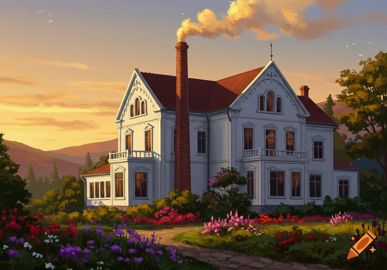 Illustrated white house with a tall chimney, colorful gardens, and mountains at sunset.