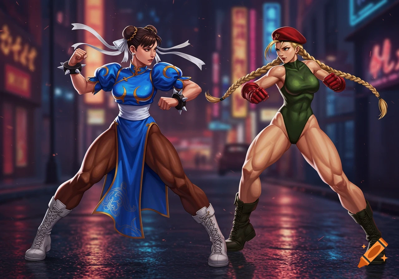 Chun-Li in blue and Cammy in green, muscular female fighters from Street Fighter, stand in a rainy, neon-lit city street at night, illustrative.
