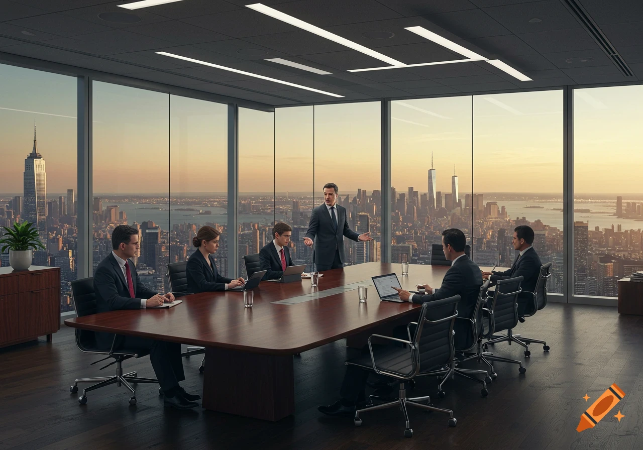 A CEO stands and gestures while leading a business meeting in a skyscraper with a panoramic view of a city at sunset.