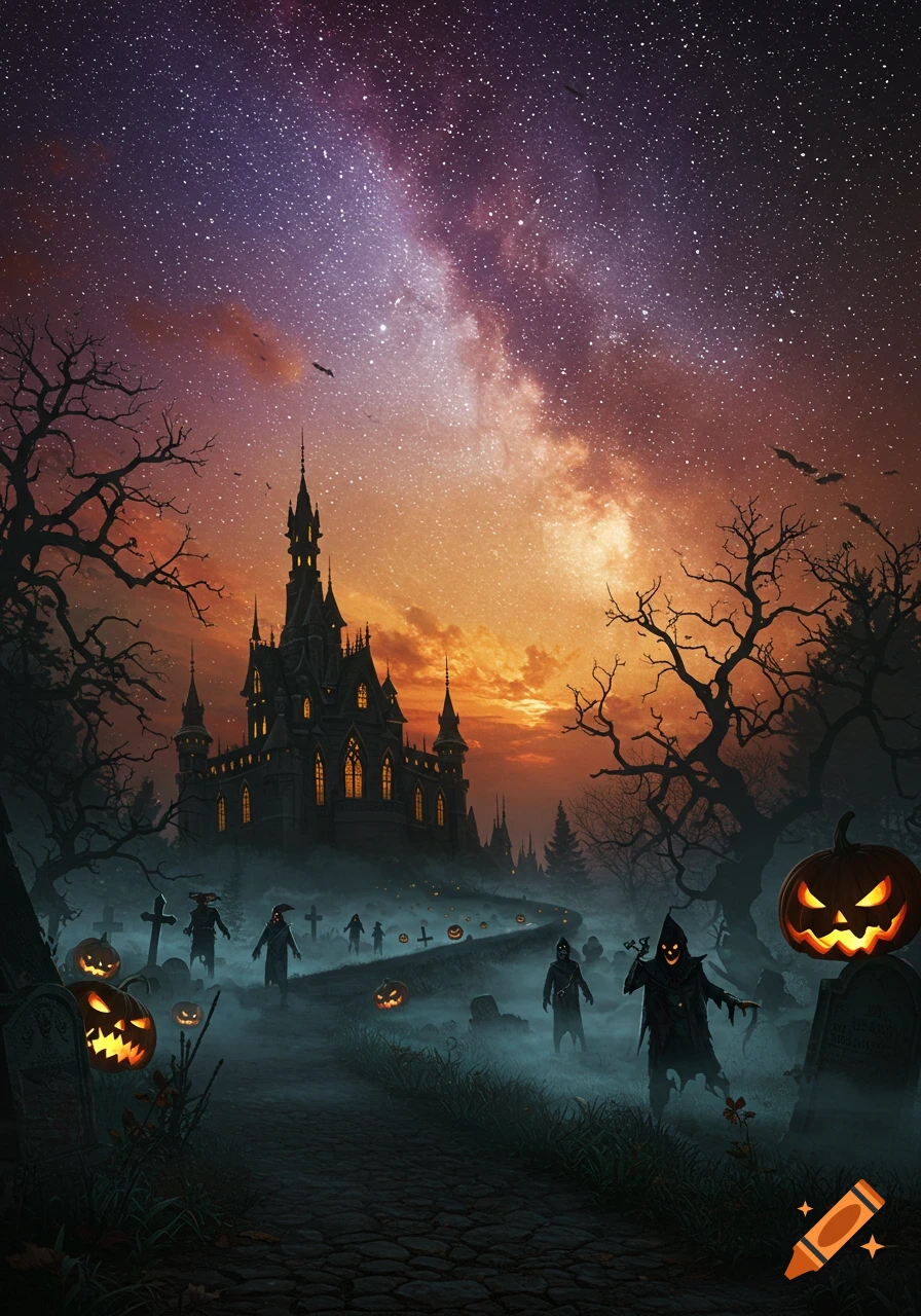A spooky gothic castle under a starry, colorful sky, with bare trees, glowing jack-o'-lanterns, and shadowy figures on a misty Halloween path.