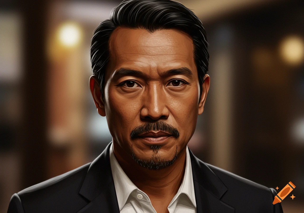 Close-up portrait of an adult male with dark hair, mustache, and goatee, wearing a suit and white shirt.