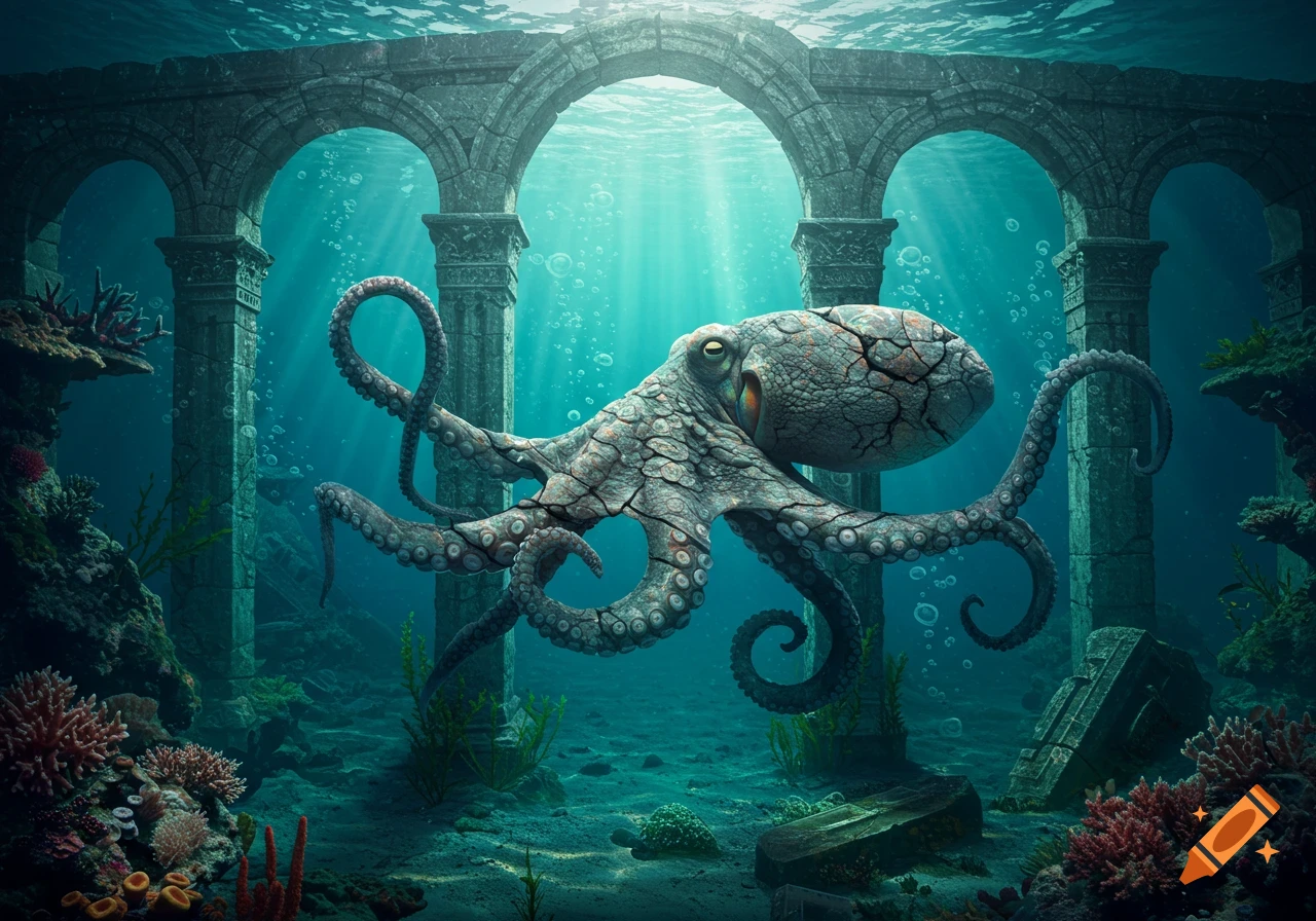 A detailed photorealistic image of a cracked stone octopus floating among ancient underwater ruins with sunbeams.