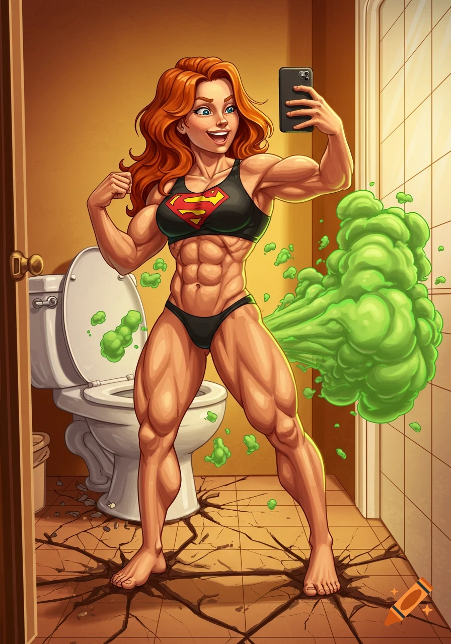 Muscular red-haired woman in Superman top takes a selfie, cracking the floor and toilet with green gas from a powerful fart, in a digital illustration style.