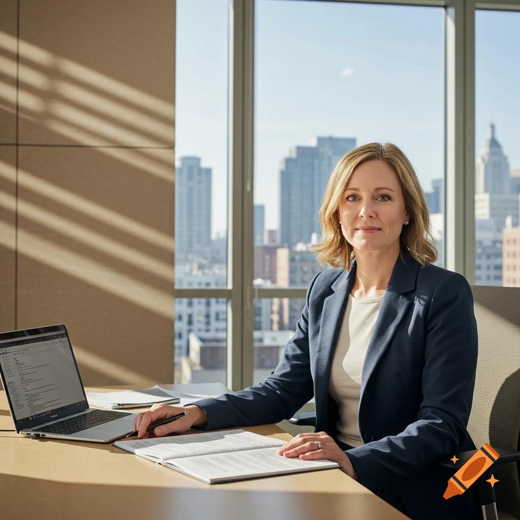 A woman in a suit sits at an office desk with a laptop and book, cityscape visible through a window behind her.
