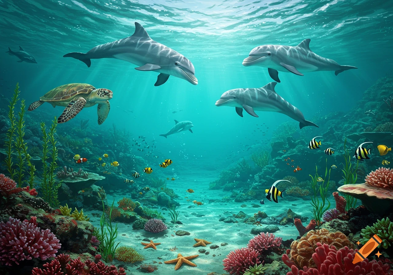 Underwater scene with dolphins, a sea turtle, and colorful fish swimming among vibrant coral reefs.