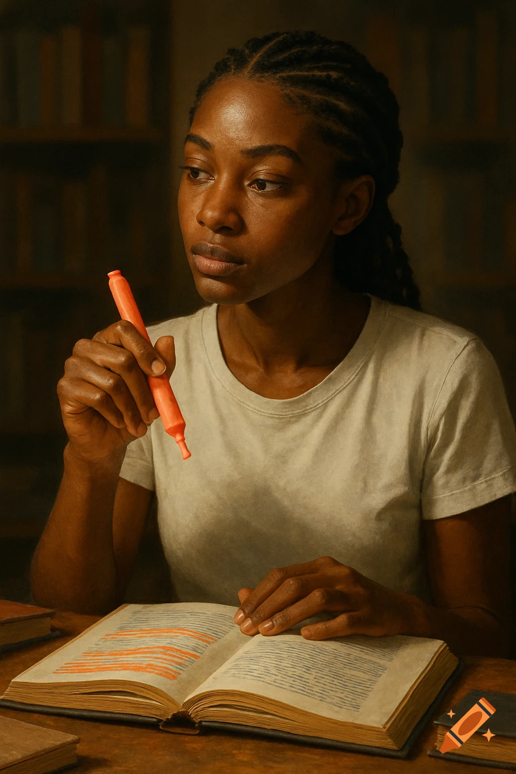 A young Black woman with braided hair, wearing a white t-shirt, thoughtfully looks away while holding a coral-colored highlighter over an open book.