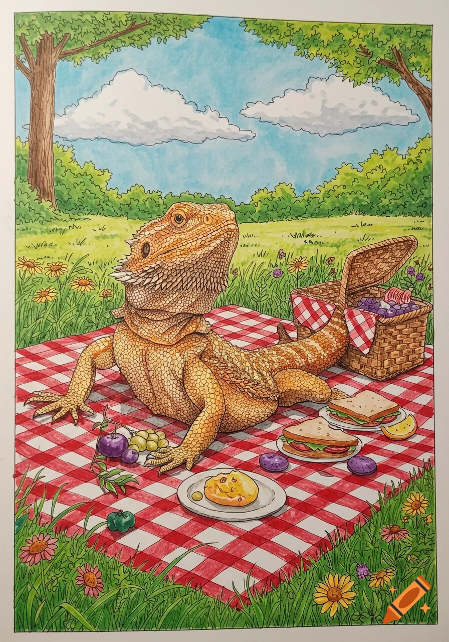 A coloring book illustration of a bearded dragon having a picnic on a red and white blanket in a grassy field.