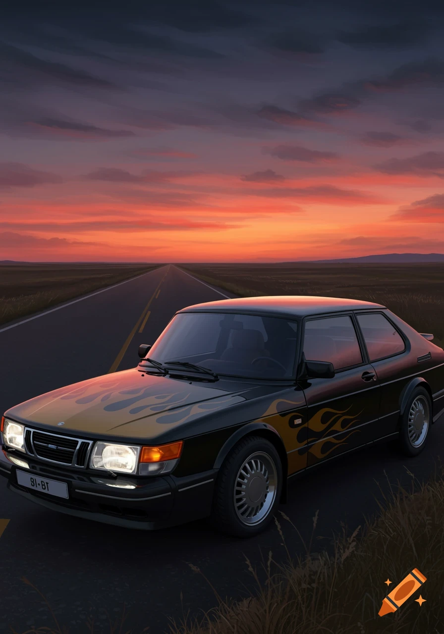 A black classic Saab car with yellow and orange flame decals drives on a straight road into a vibrant orange and purple sunset.