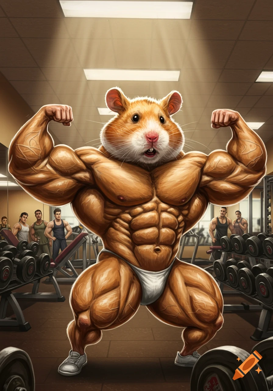 A cartoon muscular hamster flexing biceps in a gym, surrounded by weights and other bodybuilders.