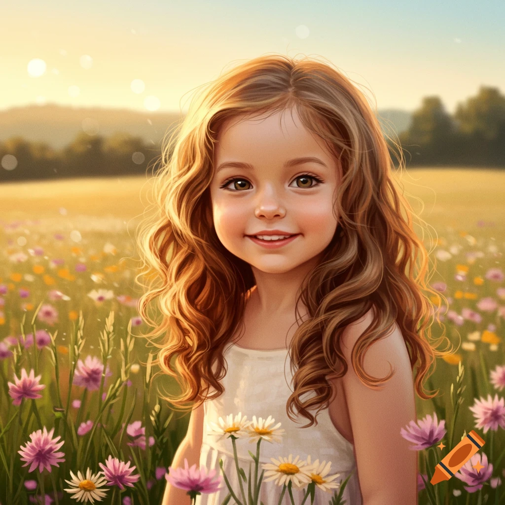 A cute mixed-race girl with long curly hair smiles in a sunlit field of wildflowers, digital art.