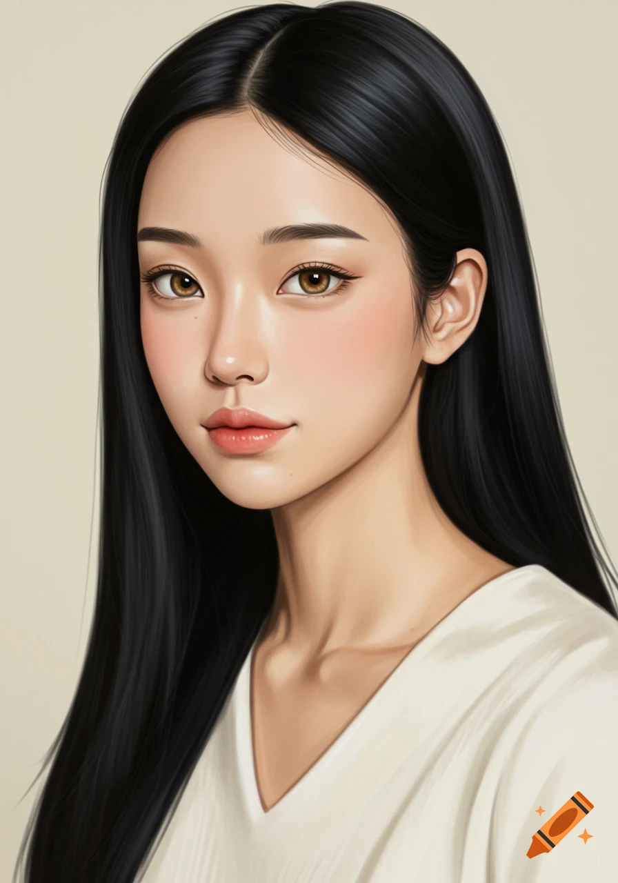 A close-up portrait of a young woman with long, straight black hair, fair skin, rosy cheeks, and honey-like eyes.