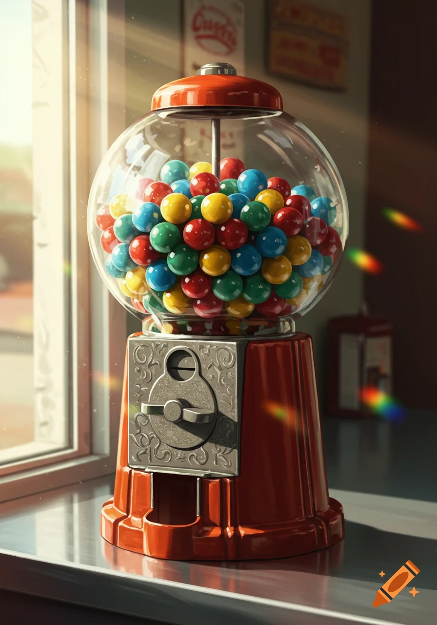 A vibrant gumball machine filled with colorful candies sits on a counter, bathed in warm sunlight from a window.
