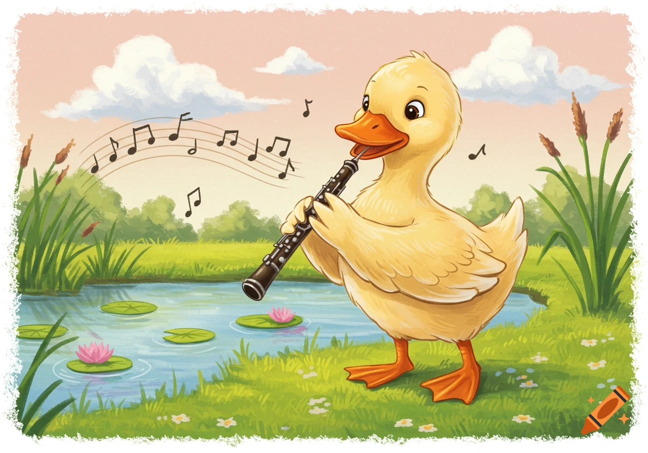 A playful cartoon duck with an oboe stands by a pond with lily pads, surrounded by green grass and cattails, with musical notes floating in the air.