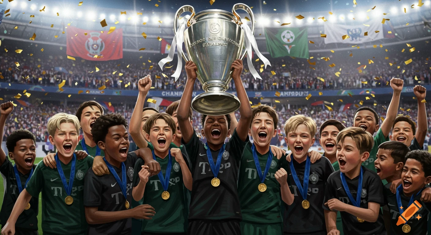 An excited group of diverse young boys in soccer uniforms celebrate, lifting a large Champions League trophy under a shower of golden confetti in a crowded stadium.