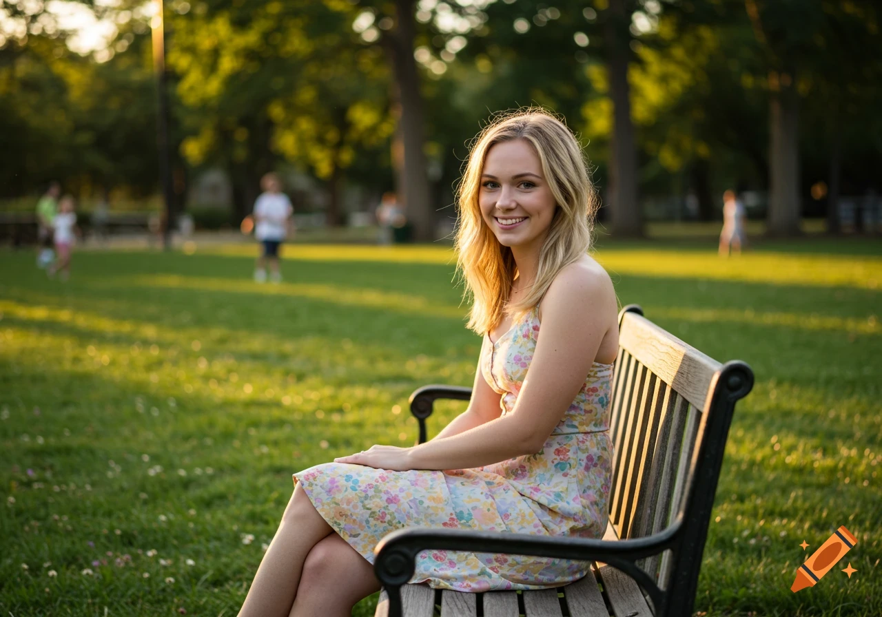 A blonde woman smiling and sitting on a park bench in a sunlit park.