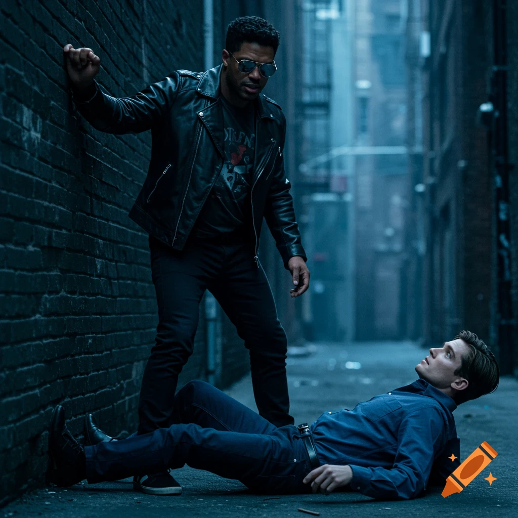 A man in a leather jacket and sunglasses stands over another man lying on the ground in a dark alley.