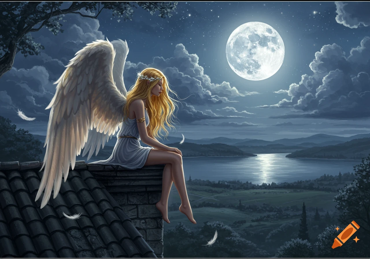 A blonde angel with large white wings sits on a rooftop at night, gazing over a moonlit landscape with a lake.