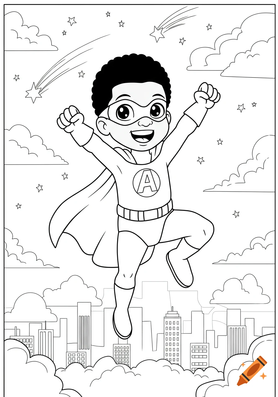 A black child superhero with an 'A' on his chest flies above a city with clouds and stars in a coloring book style.