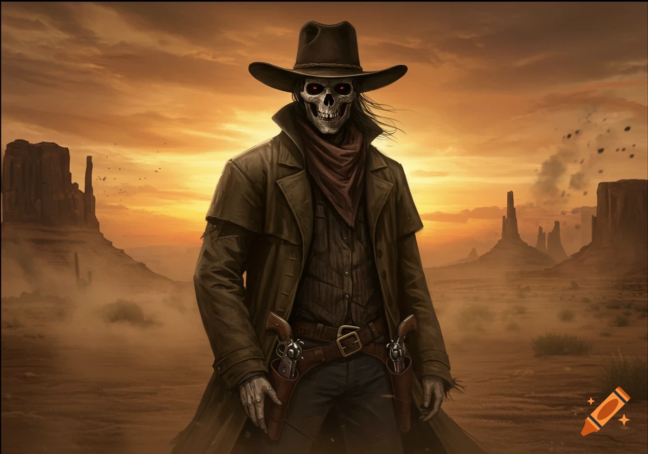 A skull-faced cowboy with glowing red eyes wears a long brown coat and hat, standing in a dusty desert landscape with mesas at sunset. Stylized art.