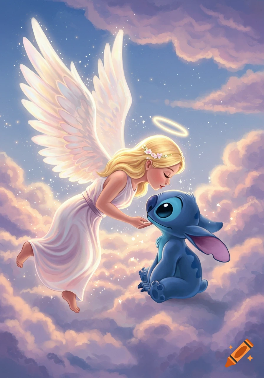An angel with blonde hair and white wings leans down to kiss Stitch, surrounded by glowing clouds in a pastel sky.