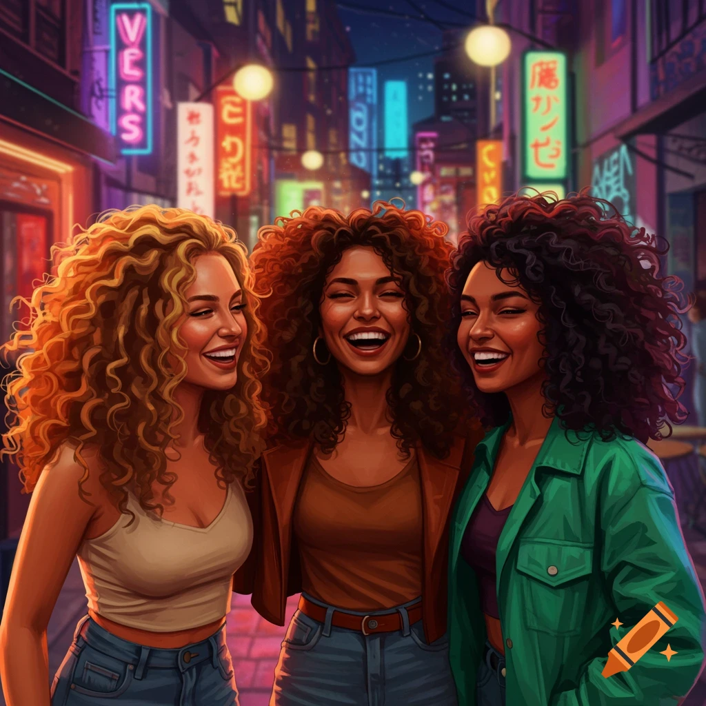 Three women with curly hair, one blonde, one brown, one black, laugh together on a neon-lit city street at night.