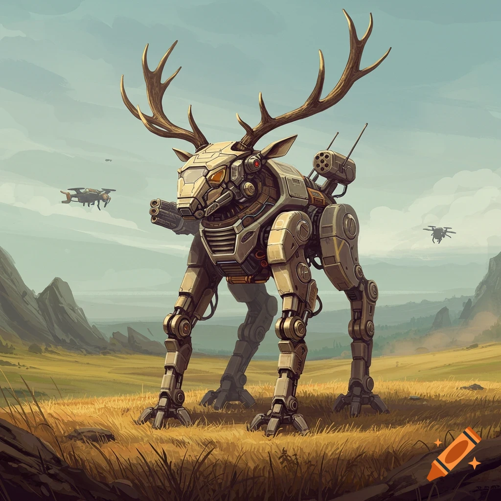 A detailed concept art illustration of a large, biomechanical elk-like robot with antlers and weaponry, standing in a wide grassy field under a cloudy sky.