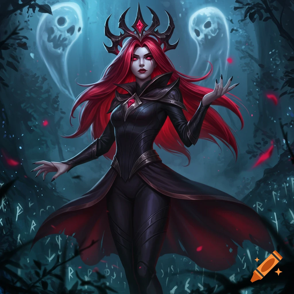 Dark fantasy illustration of a woman with long red hair, glowing red eyes, a spiked crown, and a black outfit, standing in a dark forest with two ghostly skulls.