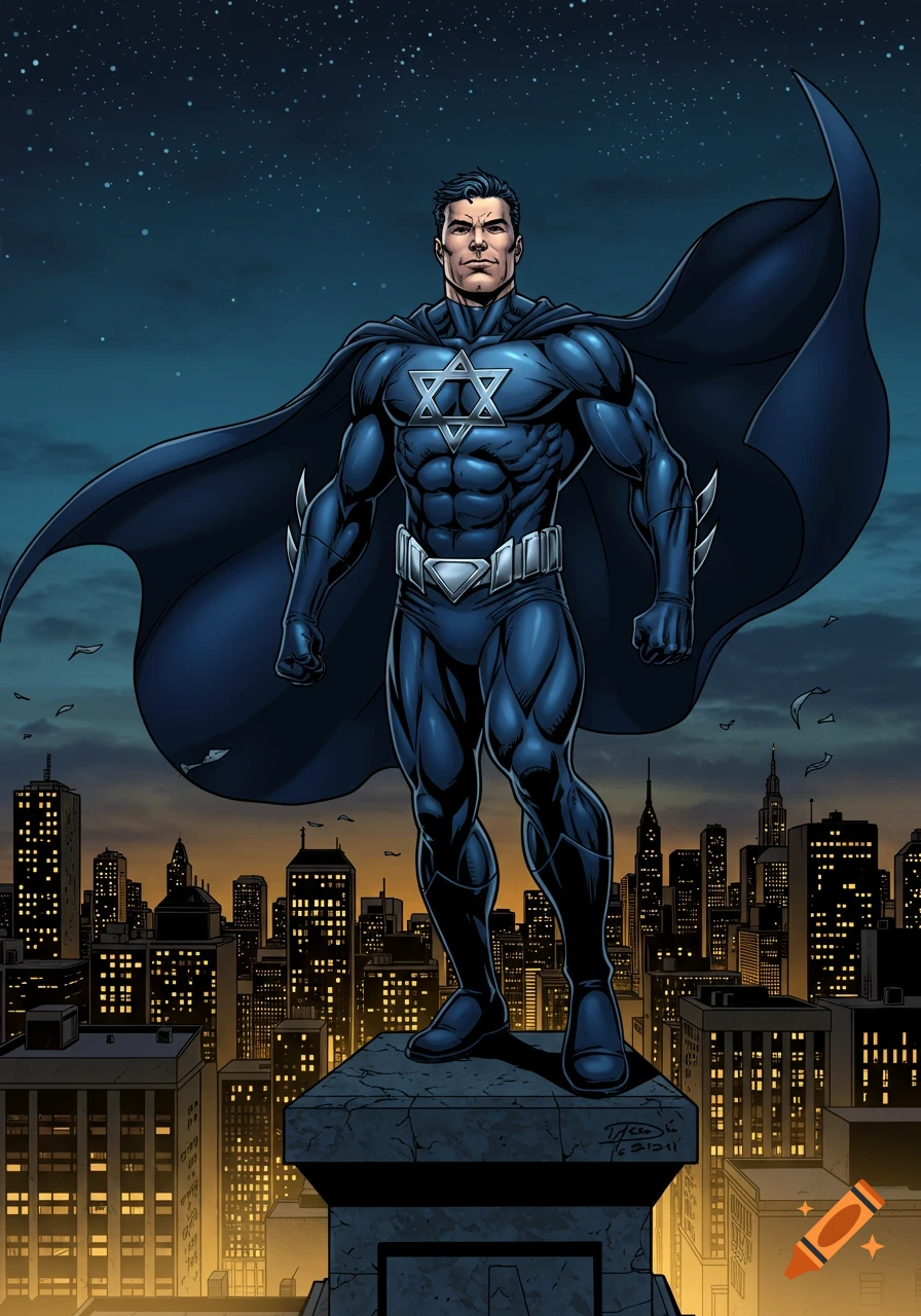 A comic book superhero in a blue suit with a Star of David emblem stands on a rooftop overlooking a city at night.
