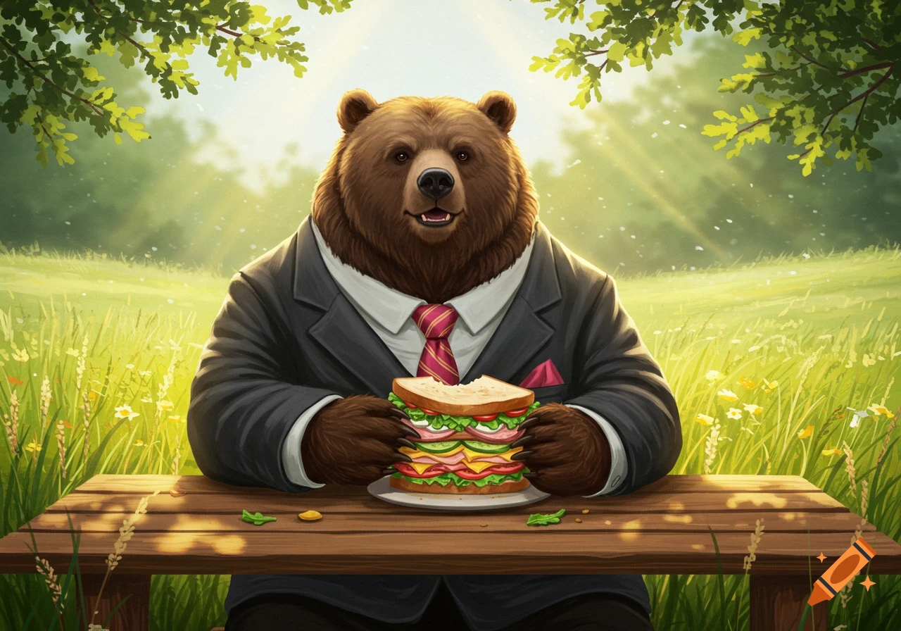 An illustrated brown bear in a suit eats a large sandwich at a wooden picnic table in a sunny grassy field.