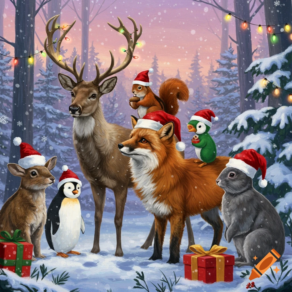 A group of animals including a deer, fox, rabbit, squirrel, and penguins, all wearing Christmas hats, standing in a snowy winter forest with string lights.