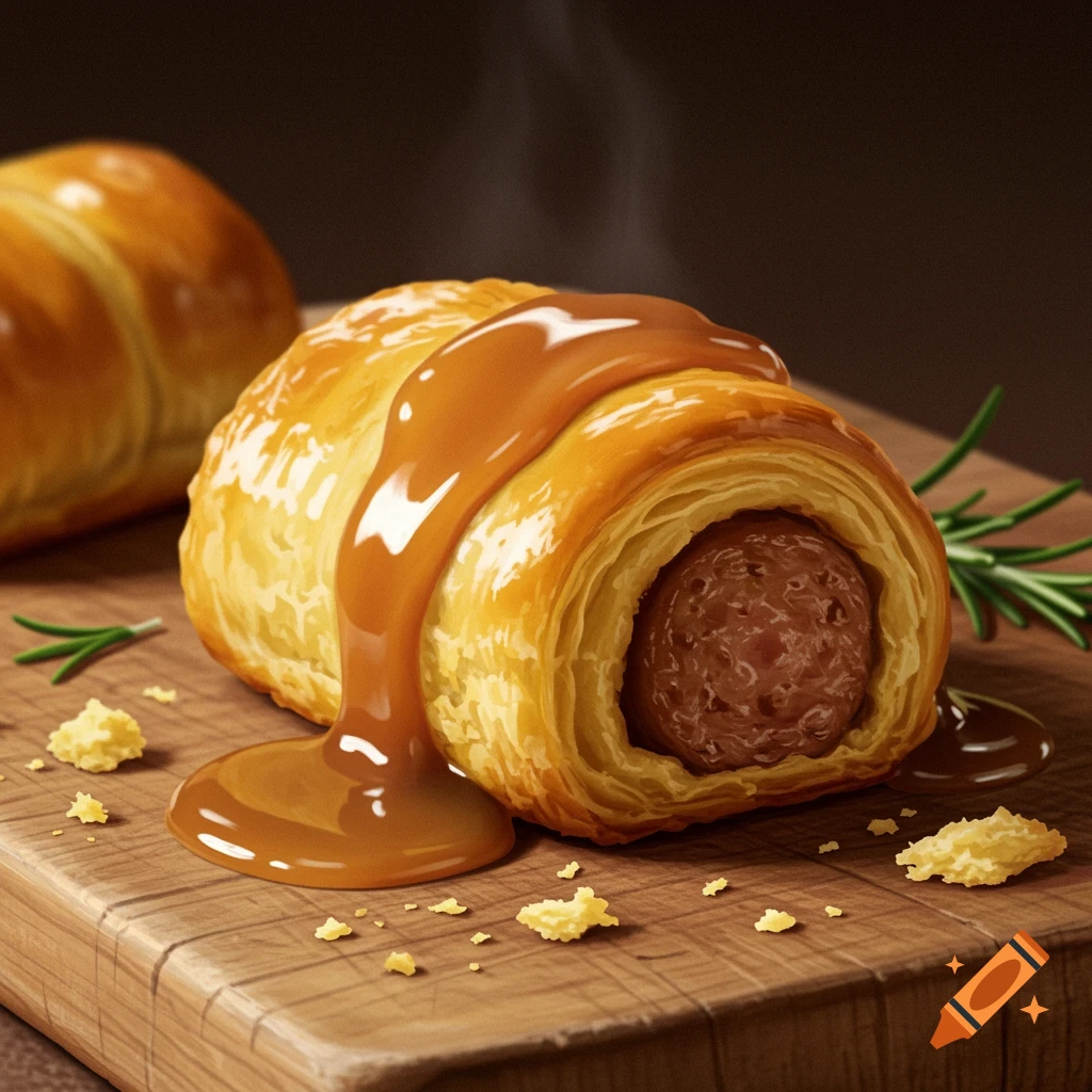 Photorealistic close-up of a steaming sausage roll drenched in rich brown gravy, resting on a rustic wooden board with rosemary sprigs.