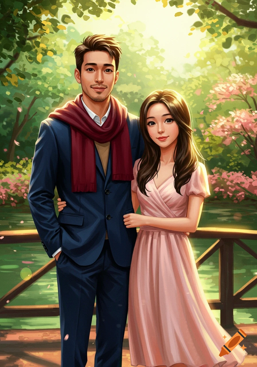 An illustrated couple, a man in a suit and a woman in a pink dress, stand in a sunny park with trees and a bridge.