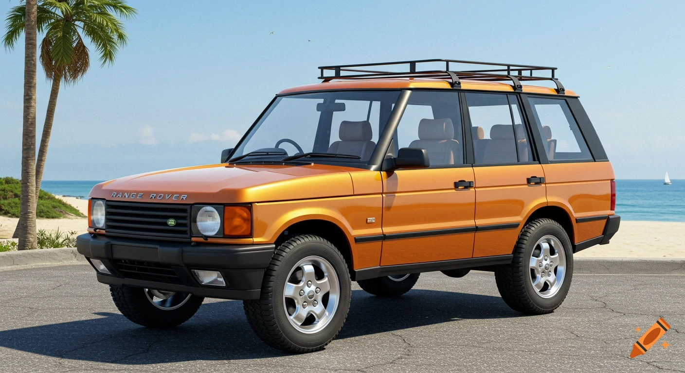A photorealistic orange 1998 Range Rover with a roof rack and silver rims, parked on a sunny beachside road with palm trees and the ocean.