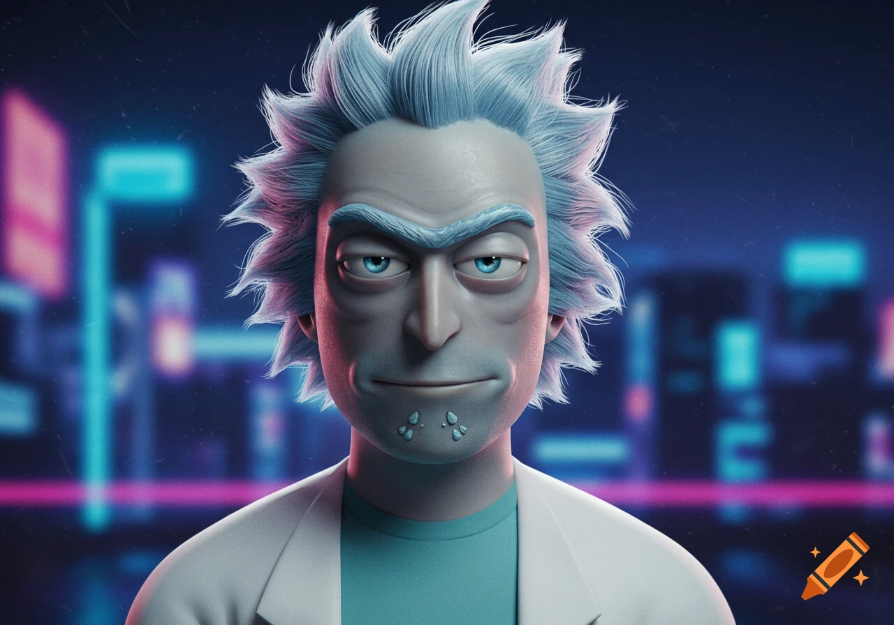 A realistic 3D render of Rick Sanchez with blue spiky hair, lab coat, and neon city lights in the background.
