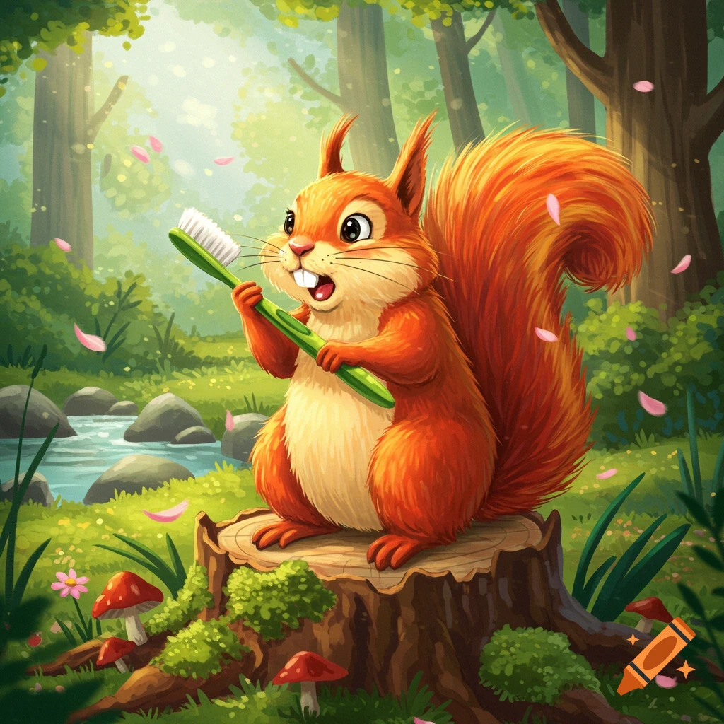 A happy, orange cartoon squirrel sitting on a tree stump in a sunny forest, brushing its teeth with a green toothbrush.