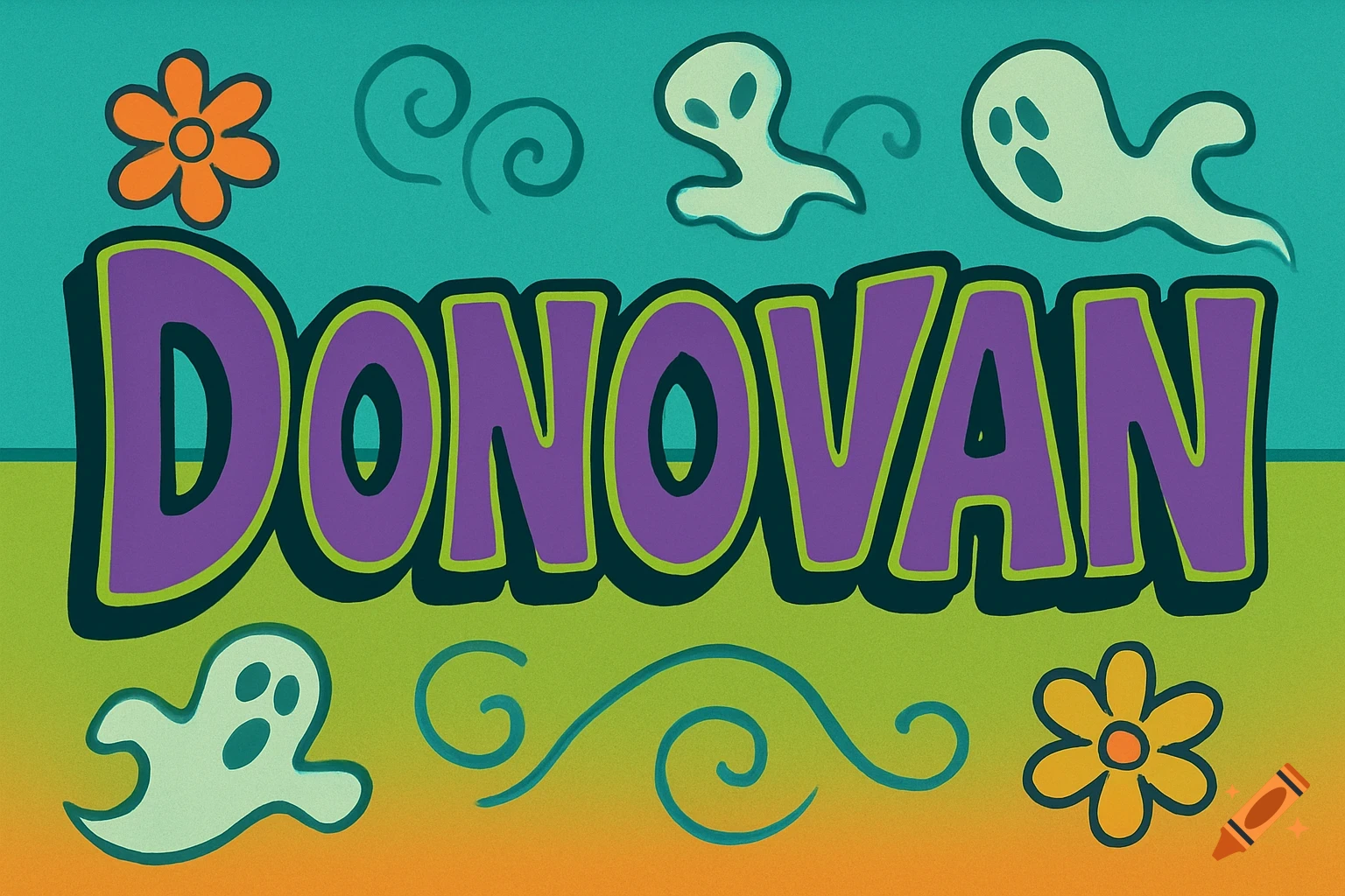 Colorful graphic with the name DONOVAN in purple and green letters, adorned with teal ghosts and orange flowers.