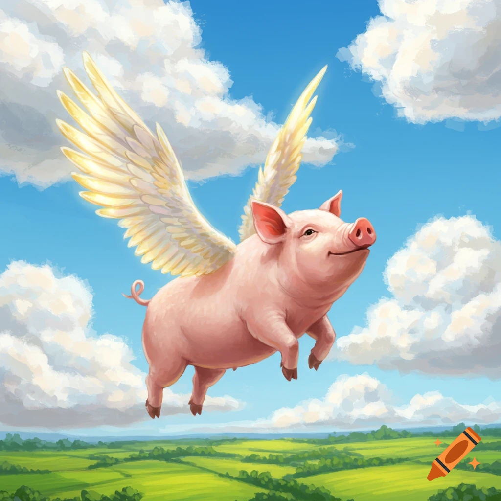 A whimsical pink pig with golden wings flies through a bright blue sky filled with fluffy white clouds, over a green landscape.