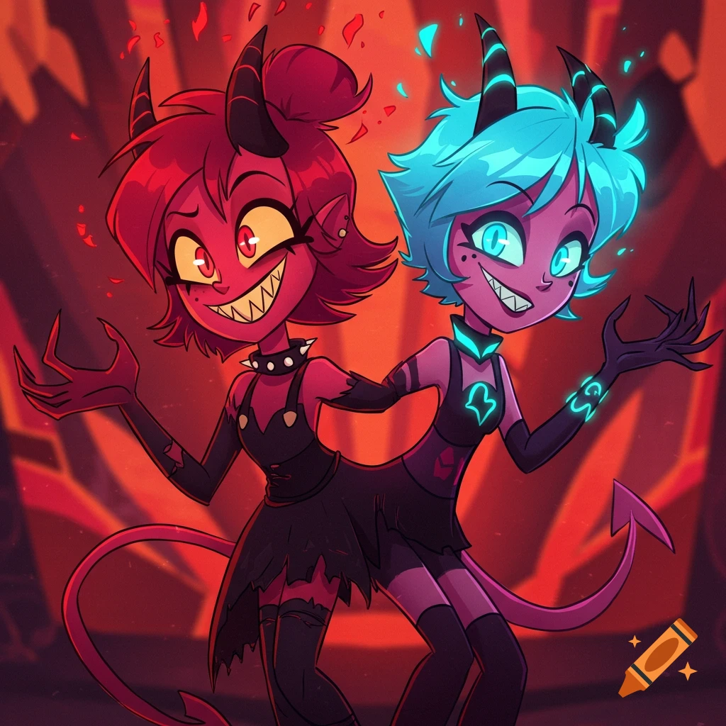 Two stylized cartoon demon characters, one red and one blue, with sharp teeth and horns, stand conjoined at the back against a dark red background.