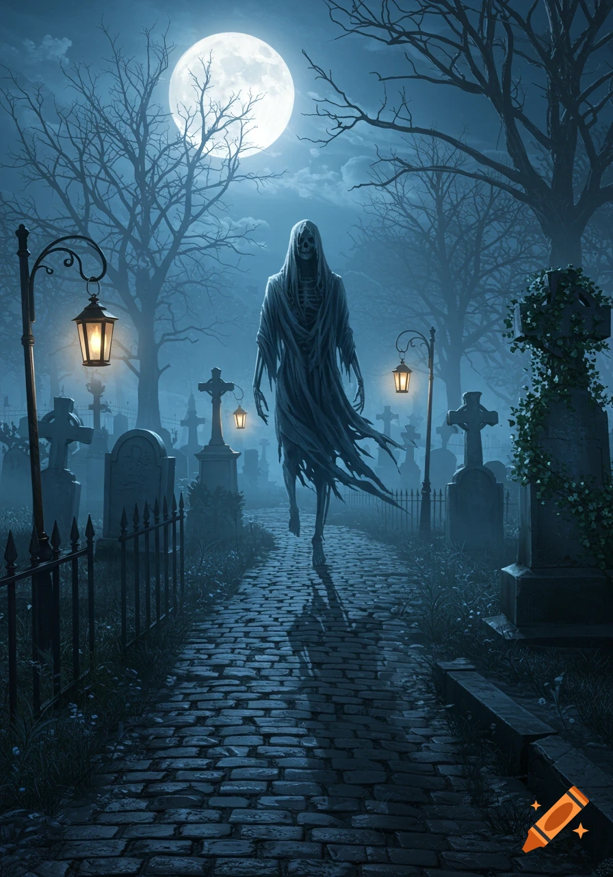 A skeletal figure walks down a cobbled path in a moonlit graveyard with tombstones and lanterns, in a spooky fantasy style.