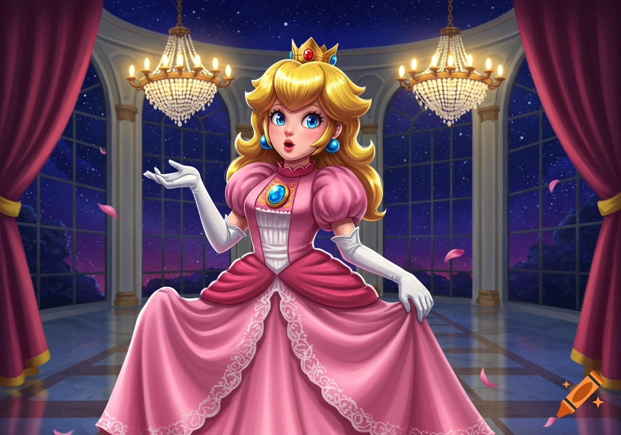 A cartoon illustration of Princess Peach shrugging in a grand ballroom at night.