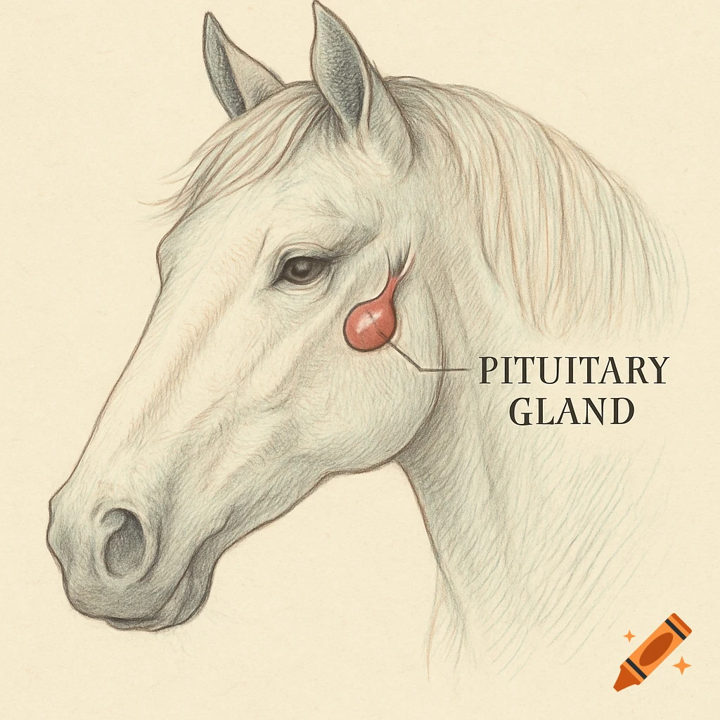 Detailed hand-drawn illustration of a horse's head with the pituitary gland highlighted in red and labeled.
