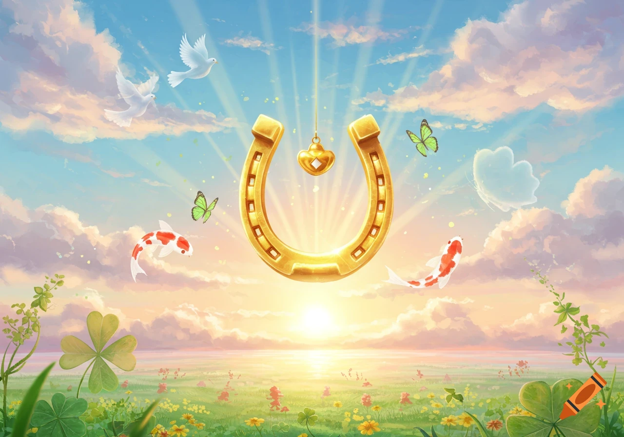 Golden horseshoe, doves, koi fish, and butterflies float above a vibrant green field with clovers at sunrise, set against a cloudy sky.