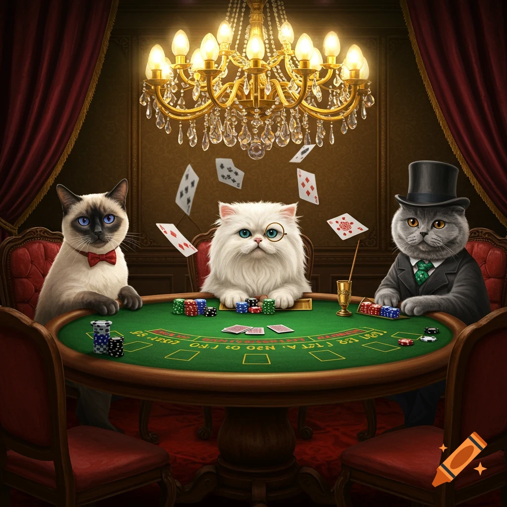 Three fancy cats, a Siamese, a white Persian, and a grey British Shorthair in a top hat, play blackjack at a green table under a chandelier.
