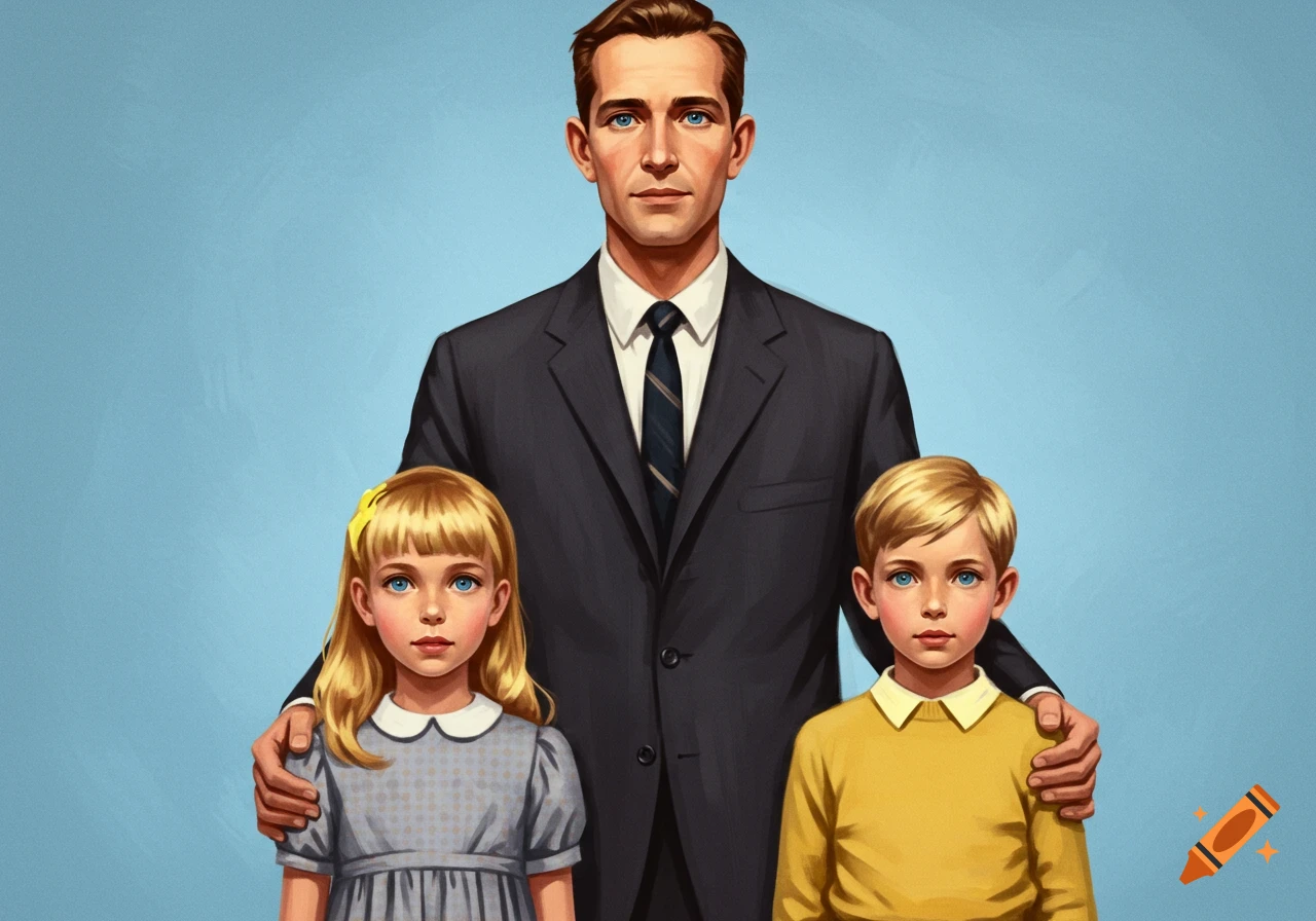 A painted family portrait of a father, daughter, and son with blonde hair in 1960s clothing on a blue background.