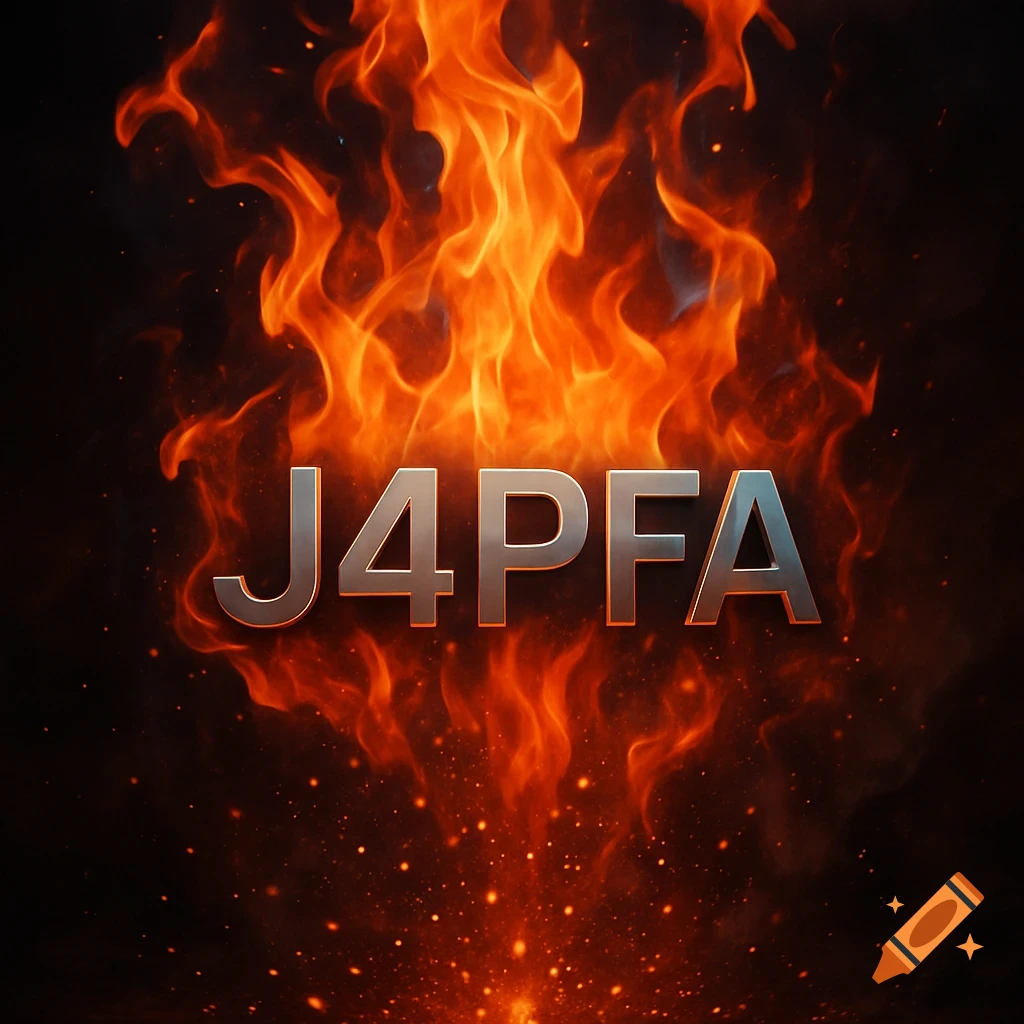 Metallic 'J4PFA' text set against a vibrant, swirling orange and red fire with glowing embers on a dark background.