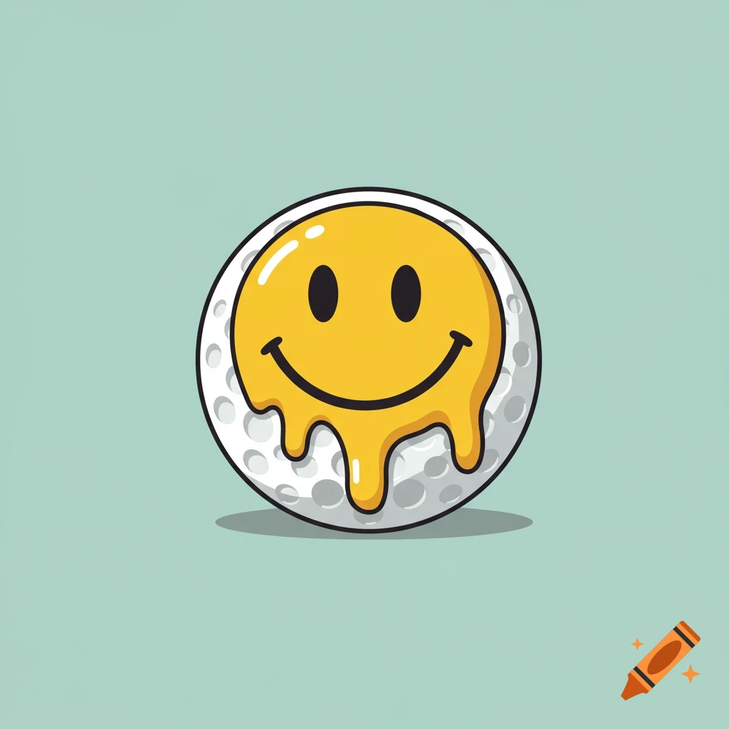 A line art illustration of a golf ball with a melting yellow smiley face on it, set against a light blue background.