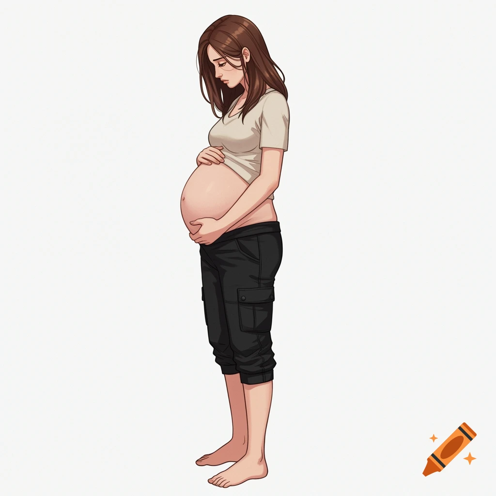 An anime-style pregnant woman with brown hair, wearing a beige shirt and black cargo capri pants, stands barefoot, resting her hands on her baby bump against a white background.