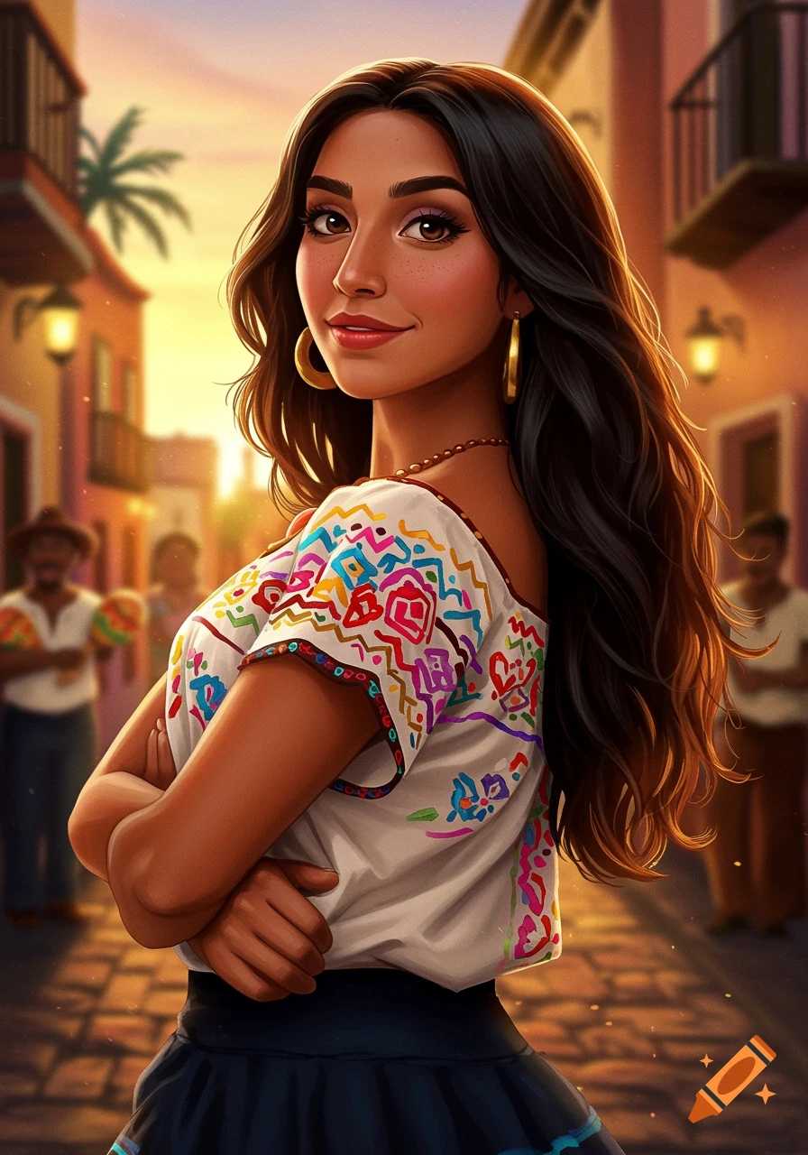 A smiling young woman in a colorful embroidered blouse stands with crossed arms on a sunlit street, digital painting.