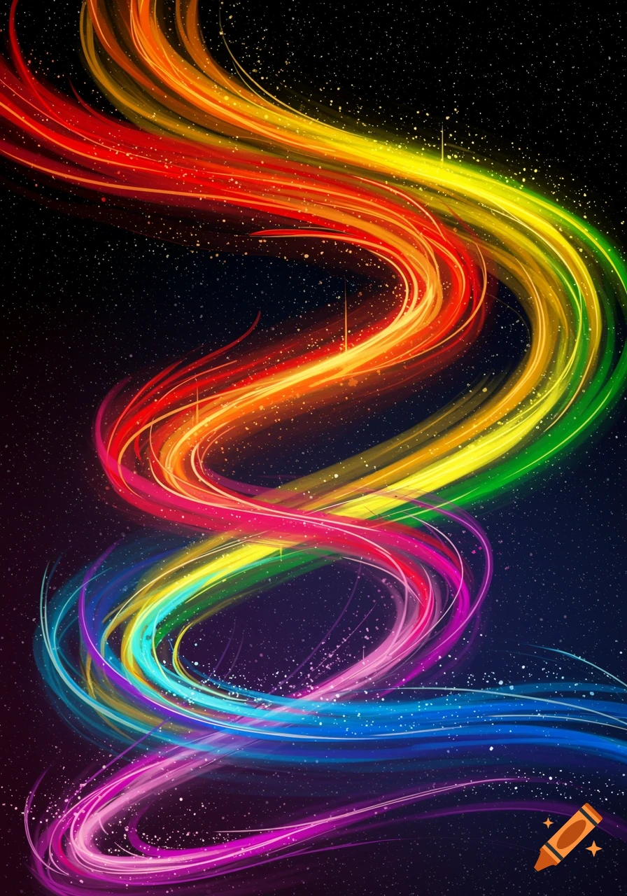 Colorful light trails swirl and flow upwards against a dark, starry background, resembling a rainbow.
