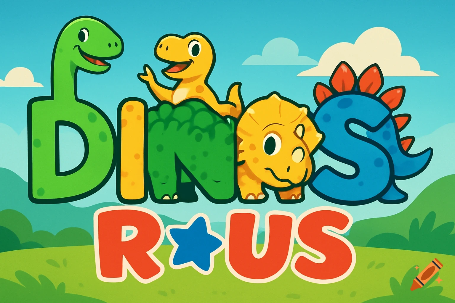 A playful, colorful illustration of a 'DINOS R US' logo with cartoon dinosaurs, set against a green hill and blue sky.